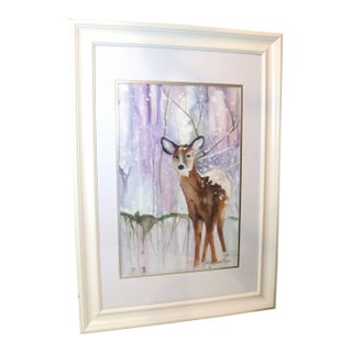 Original 2018 Jill Y. Crouch Deer in Snow Animal Figural Watercolor Painting Art For Sale