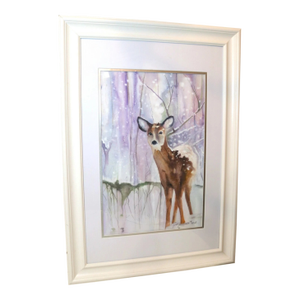 Original 2018 Jill Y. Crouch Deer in Snow Animal Figural Watercolor Painting Art