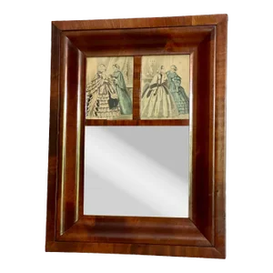 19th Century American Flame Mahogany Ogee Mirror With Period French Fashion Prints