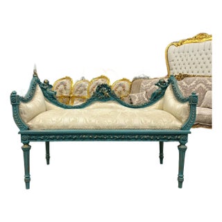 French Style Sky Blue Settee and Gold Leaf Details For Sale