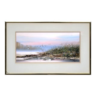 Mid 20th Century "Geese in Flight" Landscape Painting by Ead Surachai, Framed For Sale