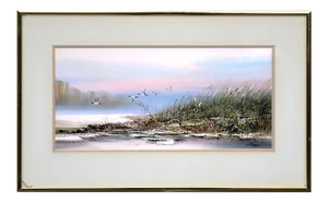 Mid 20th Century "Geese in Flight" Landscape Painting by Ead Surachai, Framed