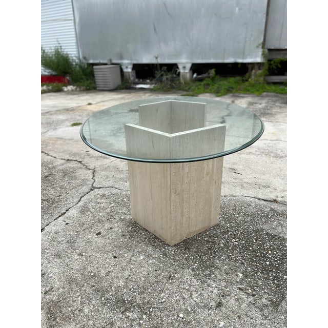 Off-white Late 20th Century Modern Italian Style Dining Table With Travertine V-Shaped Pedestal and Beveled Oval Glass Top For Sale - Image 8 of 13