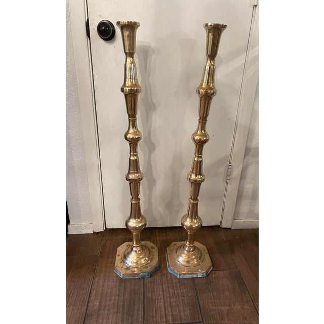 1950s Floor Standing Brass Candle Holders - a Pair For Sale - Image 4 of 5