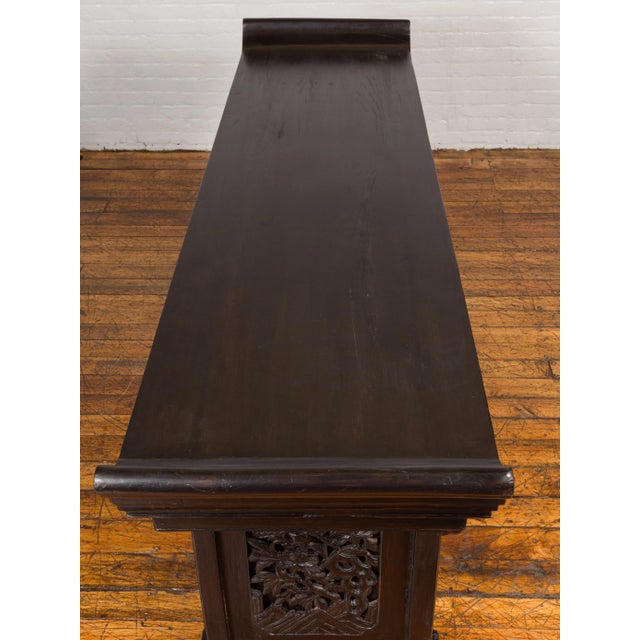 Mid 19th Century Antique Chinese Ming Style Altar Table with Carved Apron and Black Patina For Sale - Image 5 of 13
