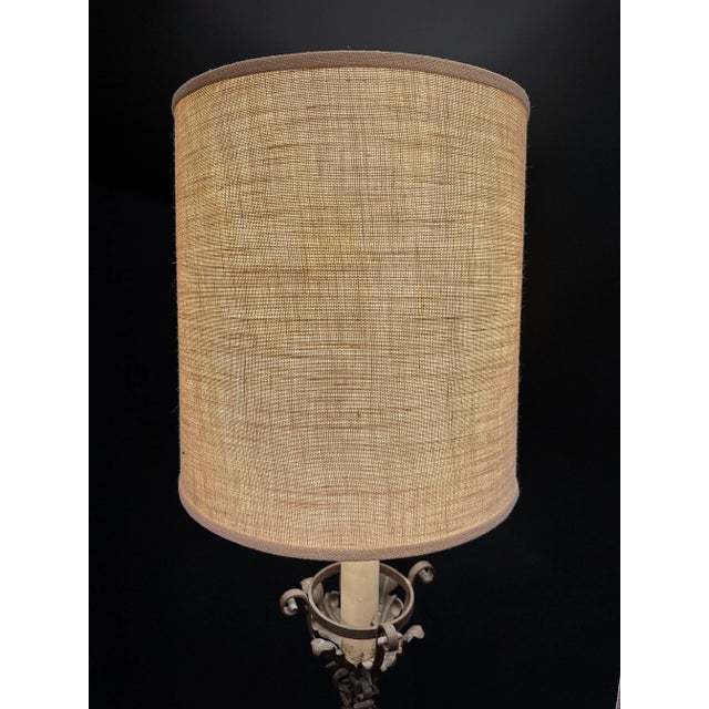Late 20th Century French Wrought Iron Floor Lamp & Burlap Shade For Sale - Image 4 of 9