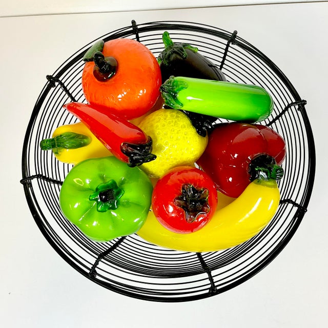 Mid-Century Italian Venetian Glass Fruit & Vegetables in Wire Bowl Murano Attributed - Set of 13 For Sale - Image 12 of 13