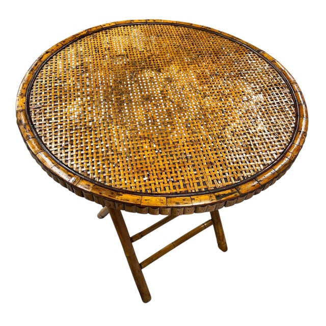 Vintage Tortoise Bamboo and Woven Rattan Folding Bistro Table For Sale - Image 4 of 7
