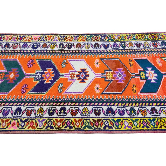 1960s Orange Vintage Turkish Handmade Multicolor Tribal Designed Wool Runner For Sale - Image 5 of 11