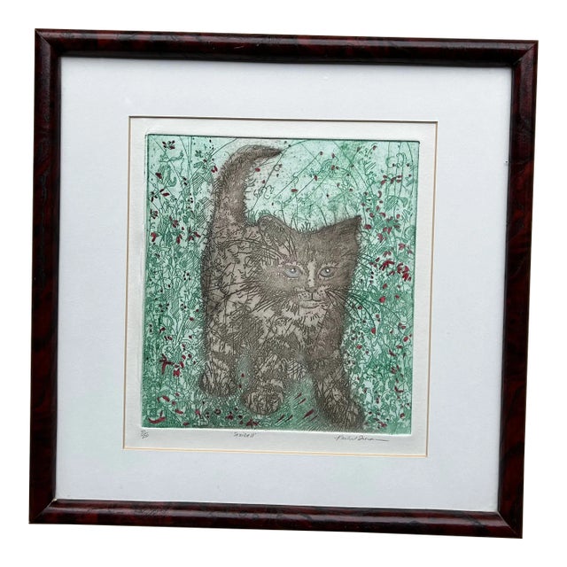 Original Hand Colored Etching of a Kitten in Tall Grass For Sale