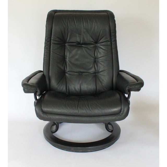 Wood Ekornes Stressless Large Royal Paloma Black Leather Swivel Recliner and Ottoman For Sale - Image 7 of 18