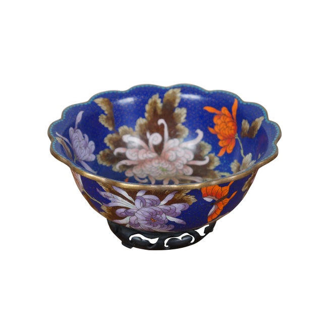 Chinese Mid 20th Century Chinese Cloisonne Floral Chrysanthemum Butterfly Scalloped Centerpiece Bowl For Sale - Image 3 of 12