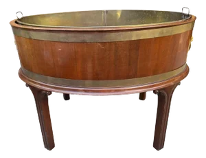 Late 20th Century George III Mahogany Oval Brass Bound Wine Cooler or Plant Stand With Lion Head Handles