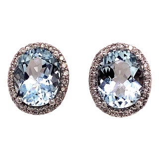 Natural Aquamarine Diamond Stud Earrings 14k WG 5.46 TCW Certified For Sale