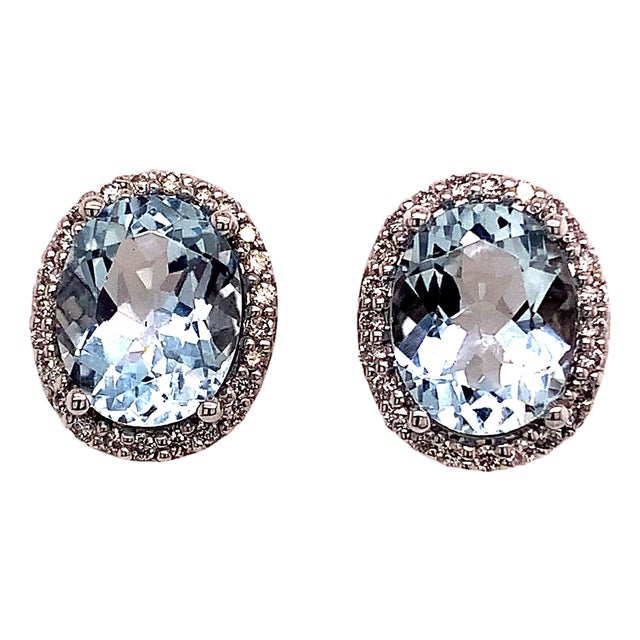 Natural Aquamarine Diamond Stud Earrings 14k WG 5.46 TCW Certified For Sale