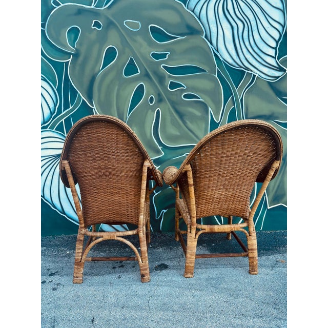 Hollywood Regency 1920s English Wicker & Rattan Armchairs, Attributed to Dryad & Co. - Set of 2 For Sale - Image 4 of 11