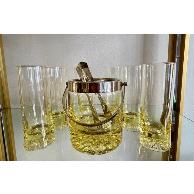 Highball Glasses and Ice Bucket Cocktail Set in Mouth-Blown, Yellow Crystal Glass, 1970s, Set of 7 For Sale - Image 6 of 6