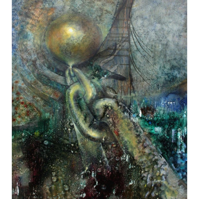 Substantial and symbolic oil painting titled "Future" by Nune Asatryan (b.1967). Strong symbolic image of a ship at sea...
