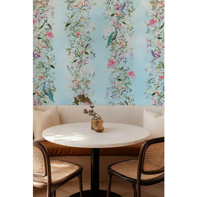 Chinoiserie Mahjong Floral Stripe Grasscloth Wallpaper by House Party | Bam Blue | 8 Yards For Sale - Image 3 of 8