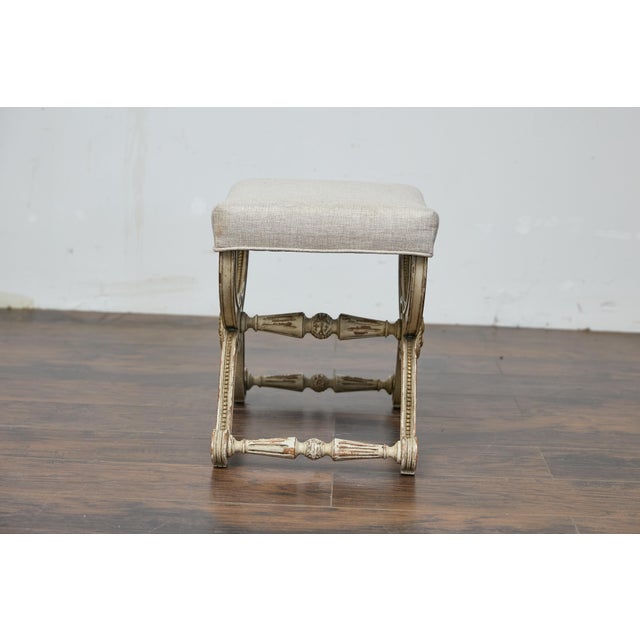 French Empire Style Curule Stool with Gilded Accents and Linen Upholstery For Sale - Image 12 of 12
