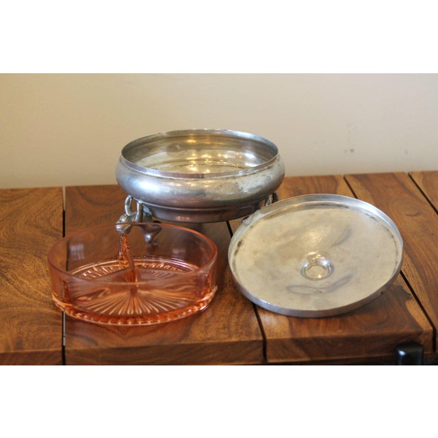 Rare 1930s Starburst Pink Depression Glass Divided Dish, Aluminum, Lidded Carrier For Sale - Image 4 of 9