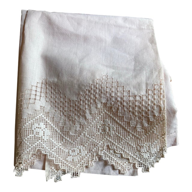 Pastel Pink Fine Linen Tablecloth. Vintage 43” X 30” Drawn Threadwork and Needle Lace So Romantic For Sale