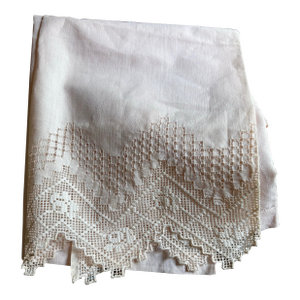Pastel Pink Fine Linen Tablecloth. Vintage 43” X 30” Drawn Threadwork and Needle Lace So Romantic