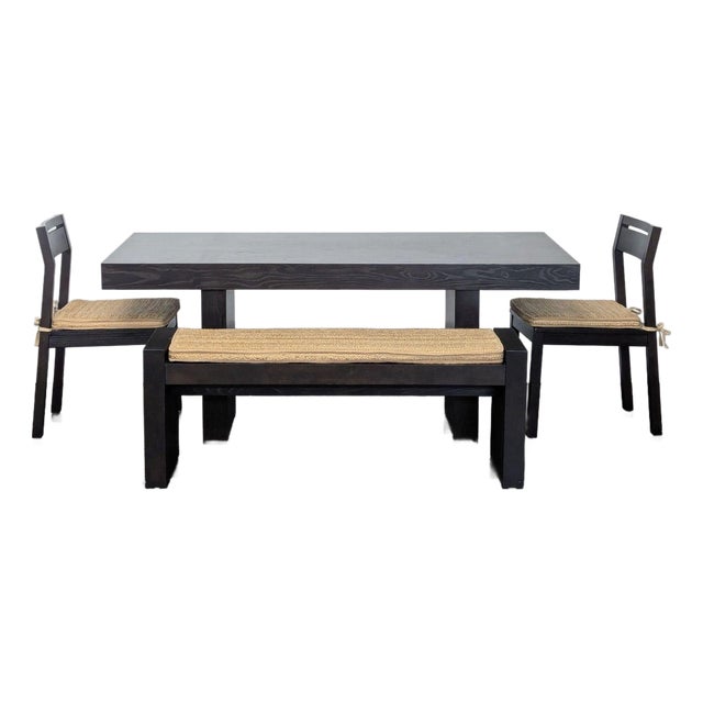 West Elm Modern Black Dining Set With Bench and Two Chairs For Sale