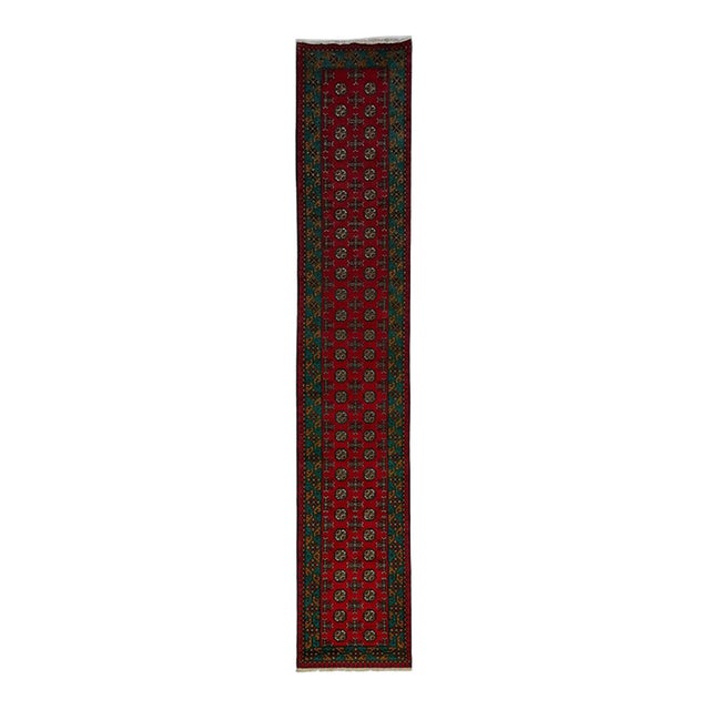 Red and Turquoise Turkmen Tribal Wool Runner Rug, 2'9" X 15'9" For Sale