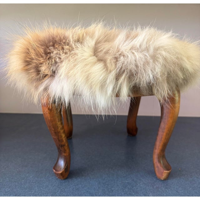 Antique Queen Anne–Style Footstool With Repurposed Coyote Fur Upholstery For Sale - Image 4 of 6