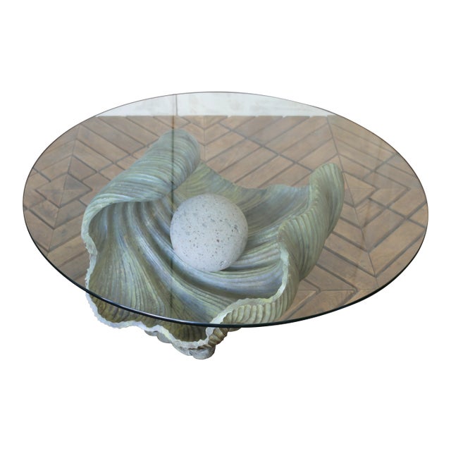 Vintage Italian Carved Wood Shell-Form Coffee Table With Glass Top, 1970s For Sale