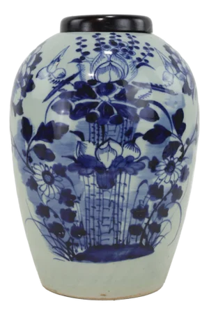 Antique Chinese Blue and White Porcelain Jar With Floral Basket & Bird Motif