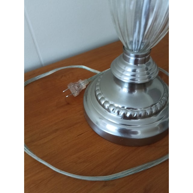 White Transitional Silver & Ribbed Glass Table Lamp With Classic White Shade For Sale - Image 8 of 9