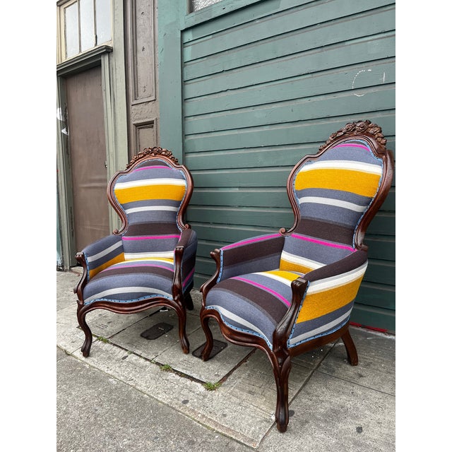 Wood Antique Bohemian Stripped Upholstered Rustic Armchairs (All New Upholstery) Set of 2 For Sale - Image 7 of 12
