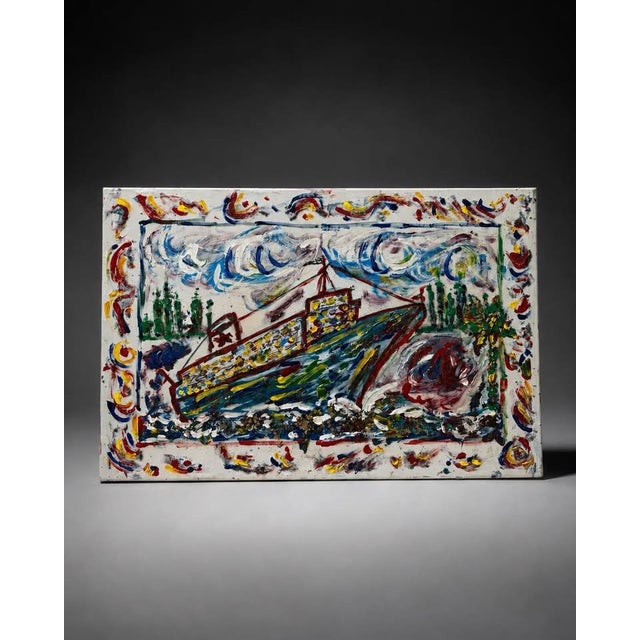 Vibrant mixed media boat artwork with bold colors, raised texture, expressive brushwork, and hand-painted decorative...