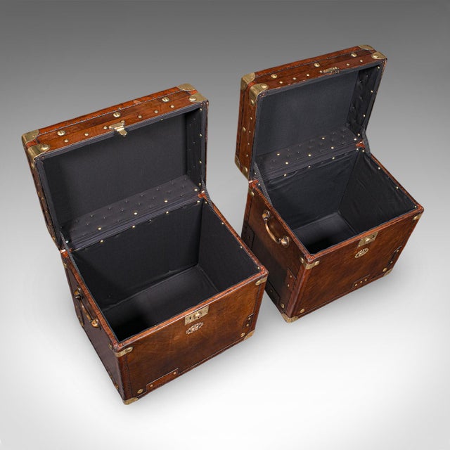 Pair of Late Vintage Campaign Luggage Trunks, English Leather Bedside Nightstand For Sale - Image 9 of 12