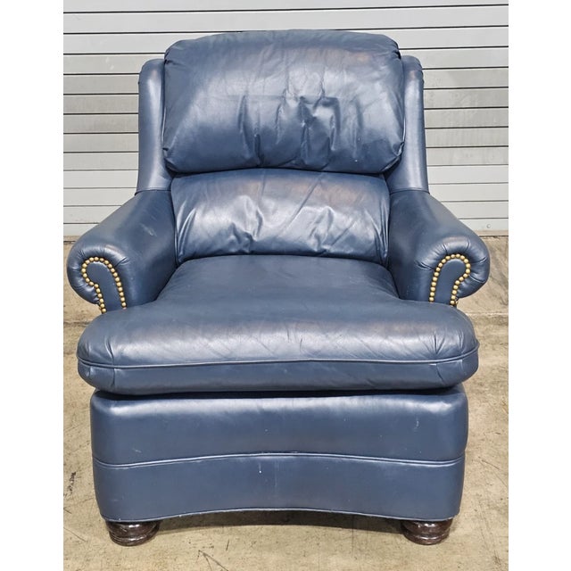 Traditional Late 20th Century Hancock & Moore Blue Leather Club Chair Arm Chair W Match Ottoman For Sale - Image 3 of 12