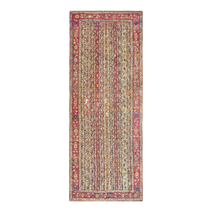 Delightful Red-Raspebery Ground Color Floral Border in a Geometric Design Antique Caucasian Karabagh Gallery Rug