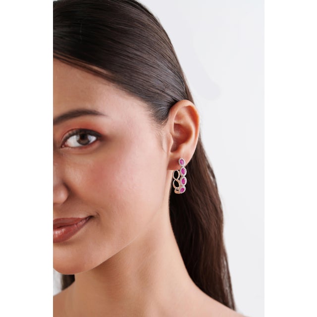 Contemporary 14k Gold Natural 2.02ct Ruby & Diamond Halo Hoop Earrings- 2 Pieces For Sale - Image 9 of 18