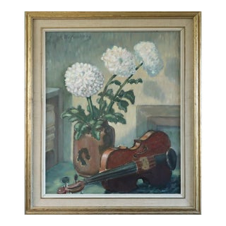 Mid-Century Modern 'Violin & Flowers' Original Swedish Expressive Still Life Oil Painting, Framed For Sale