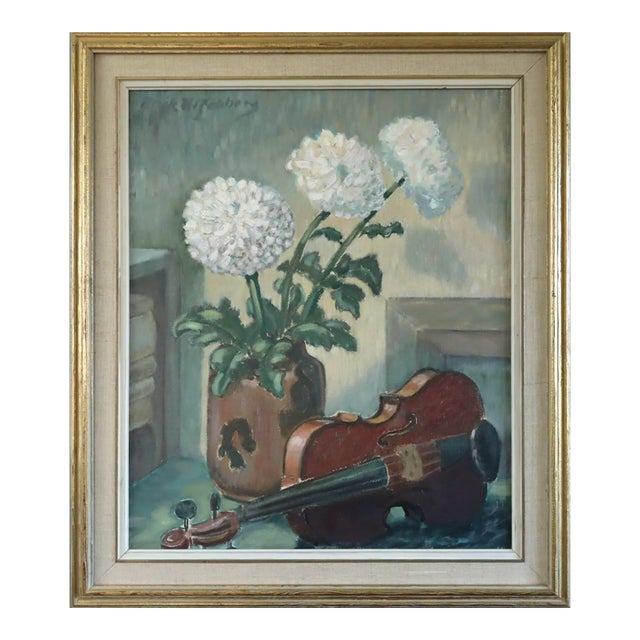 Mid-Century Modern 'Violin & Flowers' Original Swedish Expressive Still Life Oil Painting, Framed For Sale