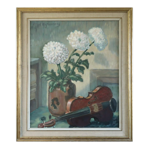 Mid-Century Modern 'Violin & Flowers' Original Swedish Expressive Still Life Oil Painting, Framed