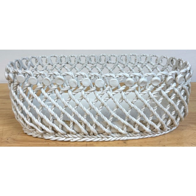 Italian Creamware, in White Rope-Twist Oval Centerpiece Basket, Mid-20th Century For Sale - Image 9 of 18