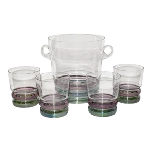 Vintage Mid 20th Century Low Ball Glasses With Double Handled Ice Bucket Bar Set- 5 Pieces