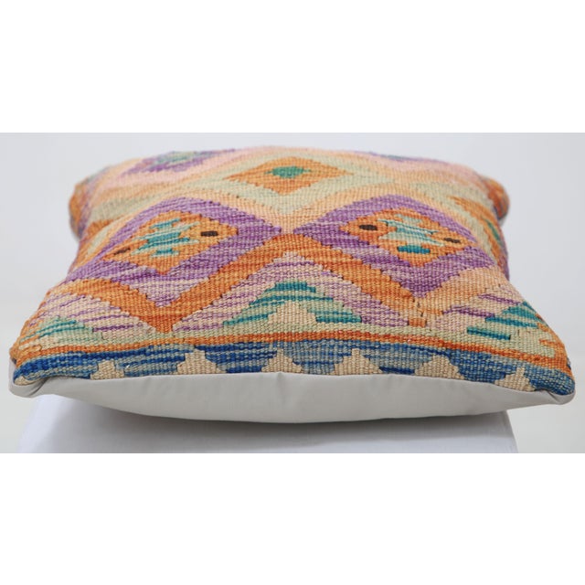 Tribal Arteverk Handwoven Afghan Kilim Pillow — Purple & Orange Diamond Lattice For Sale - Image 3 of 3