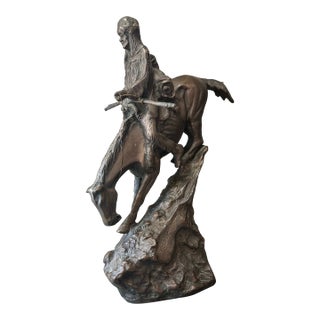 Frederic Remington Style Native American Horseback Sculpture on Green Marble Base For Sale