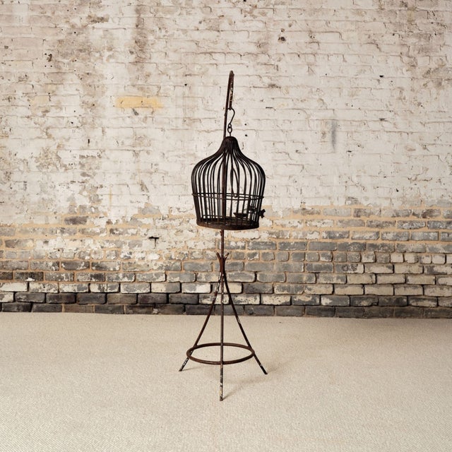 A 19th-century French bird cage crafted in iron, featuring a gracefully domed top with decorative scrollwork and a shaped...