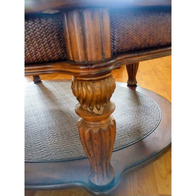 Antique Wooden Coffee Table Featuring a Glass Top, Bronze Ornamentation, and Two Tiers. For Sale In West Palm - Image 6 of 7