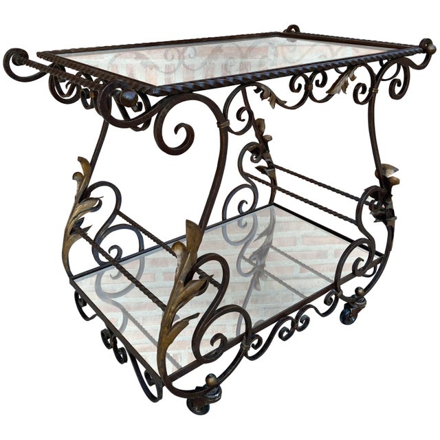 19th Century French Table Iron Bar Cart with Wheels and Two Mirror Tops For Sale - Image 10 of 18