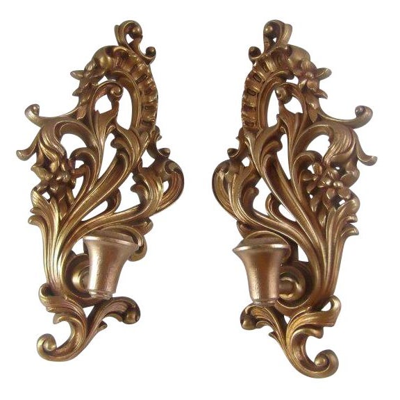 Wall Mount Gilt Wood Candle Sconce - A Pair | Chairish
